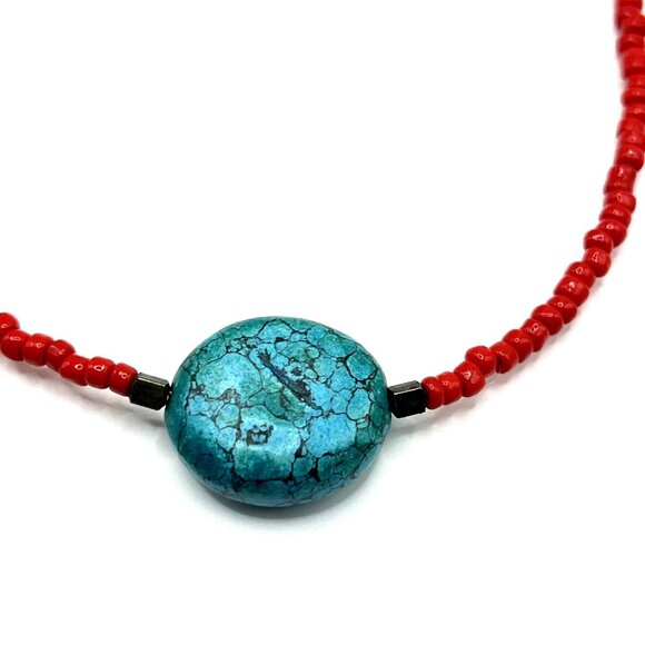Turquoise & Red Seed Bead Southwestern Necklace By Two's Company 15"L - Picture 2 of 4